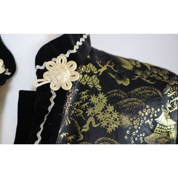 Vintage Gold and Black Japanese Kimono Jacket Metallic Velvet Mandarin Collar M - Picture 4 of 9